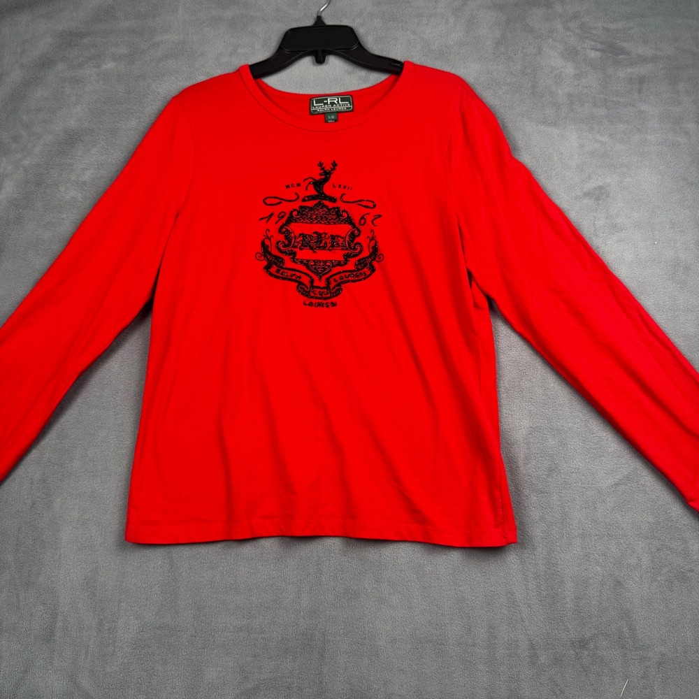 Lauren Active Ralph Lauren Red Beaded Crest Long Sleeve Tee Shirt Womens L 1967